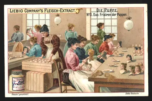 Sammelbild Liebig, Die Puppe, Das Frisieren der Puppen