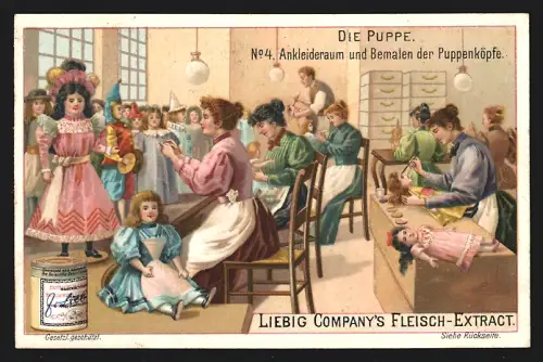 Sammelbild Liebig, Die Puppe, Ankleideraum und Bemalen der Puppenköpfe