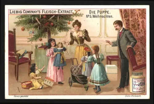 Sammelbild Liebig, Die Puppe, Kinder bekommen Puppen zu Weihnachten geschenkt