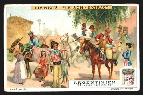 Sammelbild Liebig, Fleisch-Extrakt, Argentinien, Strassenhändler auf Pferden