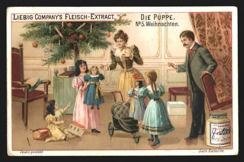 Sammelbild Liebig, Fleisch-Extrakt, Kind bekommt zu Weihnachten eine Puppe geschenkt