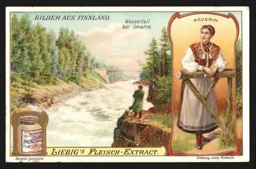Sammelbild Liebig, Fleisch-Extrakt, Bilder aus Finnland, Wasserfall bei Imatra und Bäuerin