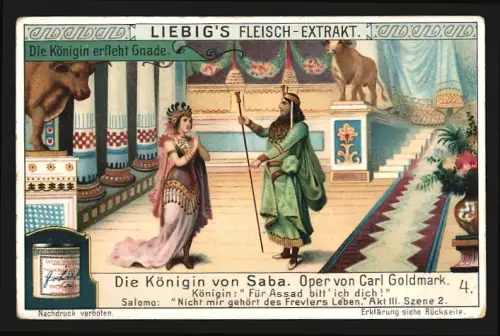 Sammelbild Liebig, Oper Die Königin von Saba von Carl Goldmark, Die Königin erfleht Gnade