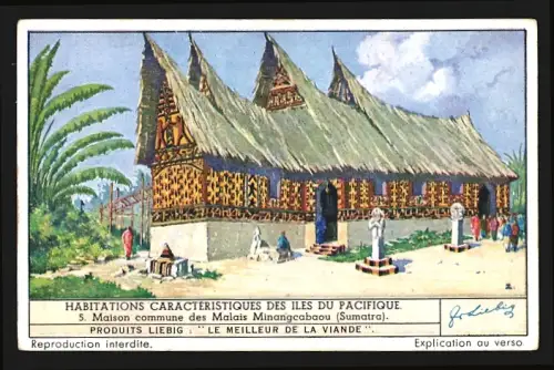 Sammelbild Liebig, Habitations Caracteristiques des Iles du Pacifique, Maison commune des Malais Minangcabaou