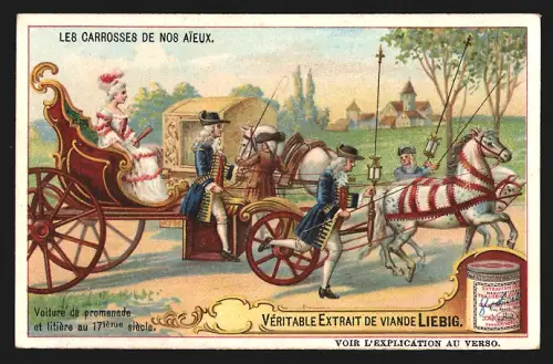 Sammelbild Liebig, La Carrosses de nos Aieux, Voiture de promenade et litiere au 17ieme siecle