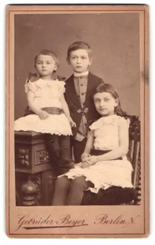 Fotografie Gebrüder Beyer, Berlin, Schönhauser Allee 6, Portrait der Kinder Rosa, Hans und Alma Stein, 1888