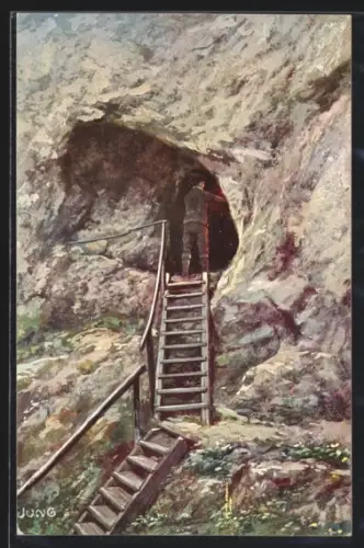 Künstler-AK Fr. Jung: Türkenloch, Mann am Eingang der Höhle