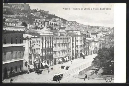 AK Napoli, Riviera di Chiaia e Castel Sant`Elmo, Pferdebahn, Pferdekutsche