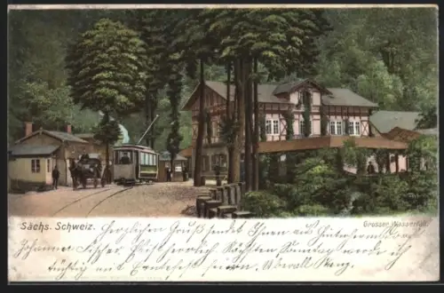 AK Lichtenhain, Strassenbahn im Ort