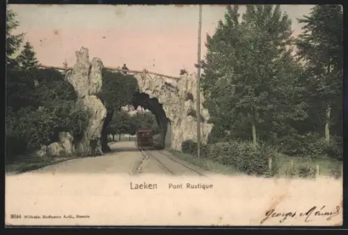 AK Laeken, Pont Rustique mit Strassenbahn