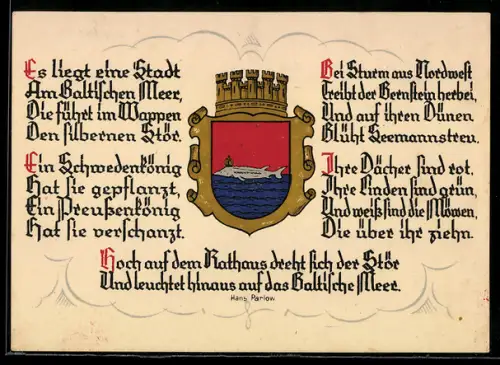 Künstler-AK Pillau, Strandhalle, Wappen der Seestadt mit gekröntem Stör