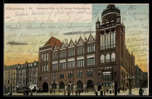 AK Königsberg i. Pr., Gesekus-Platz mit dem neuen Postgebäude