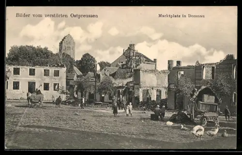 AK Domnau, Zerstörte Gebäude am Marktplatz