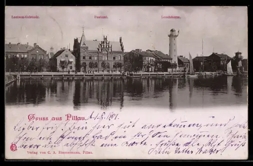 AK Pillau, Blick auf das Lotsen-Gebäude, Postamt und den Leuchtturm