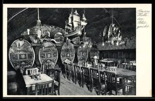 AK Königsberg /Pr., Die historischen Weinstuben im alten Ordensschloss, Grosse Halle im Blutgericht, Innenansicht