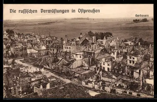 AK Gerdauen, Zerstörte Gebäude in der Stadt aus der Vogelschau