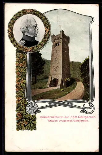 AK Drugehnen-Galtgarben / Samland, Bismarckturm auf dem Galtgarben, Porträt von Bismarck