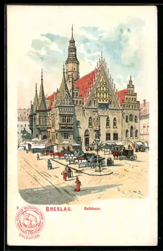Lithographie Breslau, Rathaus mit Kutschen
