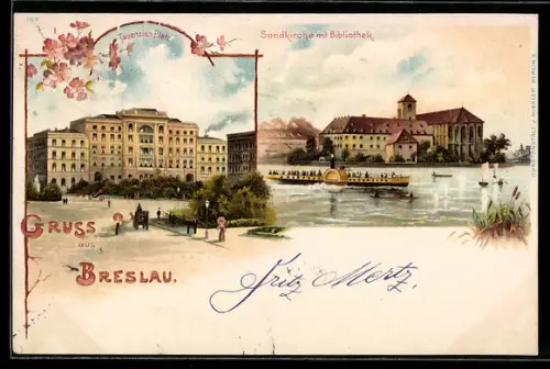 Lithographie Breslau, Tauenzien Platz, Sandkirche mit Bibliothek