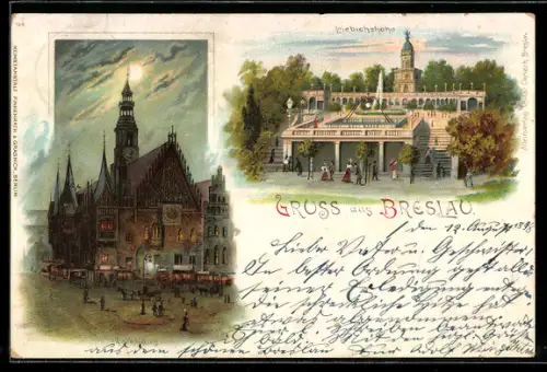 Lithographie Breslau, Rathhaus und Liebichshöhe