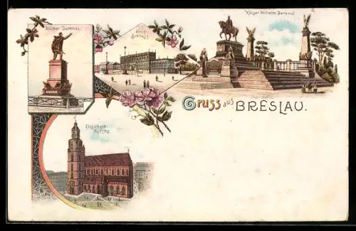 Lithographie Breslau, Kaiser Wilhelm-Denkmal, Blücher-Denkmal, Elisabeth-Kirche
