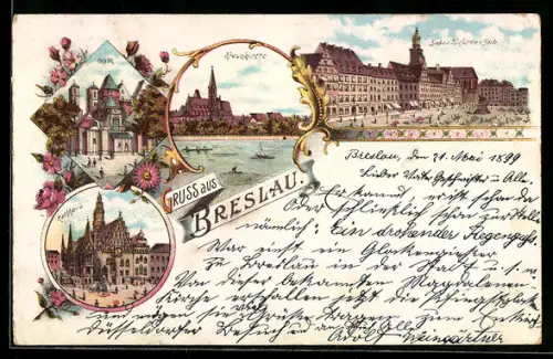 Lithographie Breslau, Kreuzkirche, Rathaus, Dom, Sieben Kurfürsten-Seite