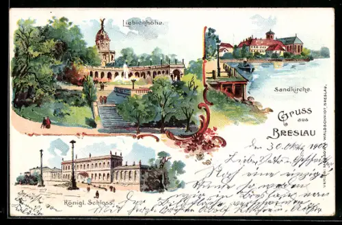 Lithographie Breslau, Liebichhöhe, Sandkirche, Königliches Schloss
