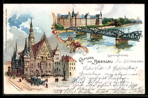 Lithographie Breslau, Ansicht vom Rathaus, Lessingbrücke über die Oder