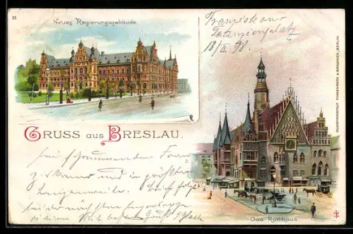 Lithographie Breslau, Neues Regierungsgebäude, Rathaus