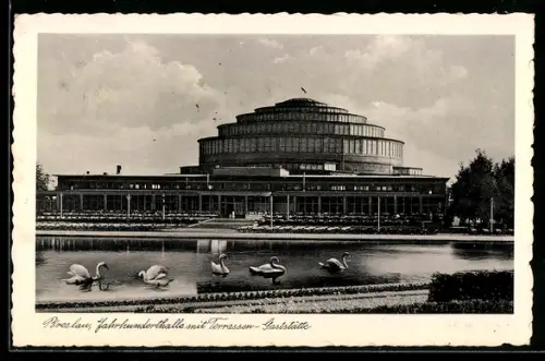 AK Breslau, Jahrhunderthalle mit Terrassen-Gaststätte
