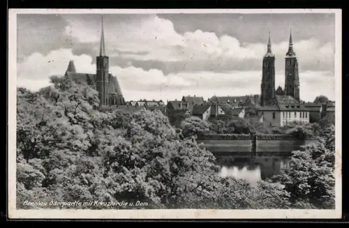 AK Breslau, Oderpartie mit Kreuzkirche und Dom