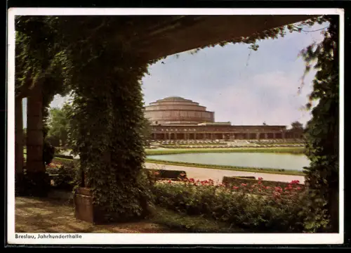 AK Breslau, Ansicht der Jahrhunderthalle, Terrassen-Gaststätte Arthur Kloske