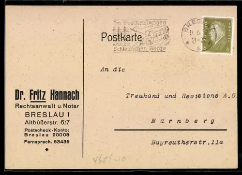 AK Breslau, Korrespondenzkarte vom Notar Dr. Fritz Hannach, Altbüsserstr. 6/7