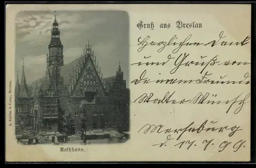 Mondschein-AK Breslau, Blick auf das Rathaus