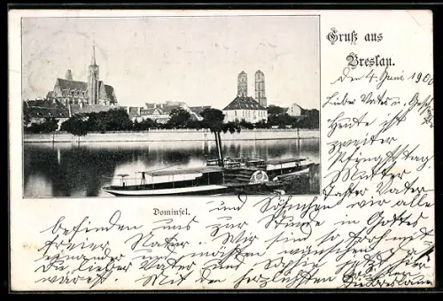 AK Breslau, Anblick der Dominsel, im Vordergrund Raddampfer am Oderufer