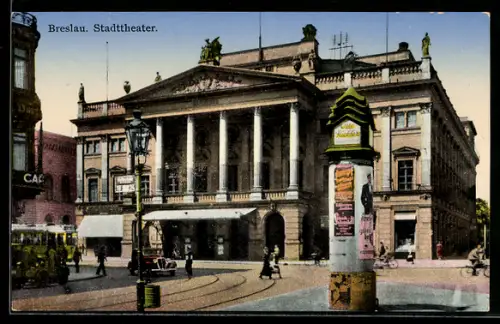 AK Breslau, Stadttheater u. Litfasssäule