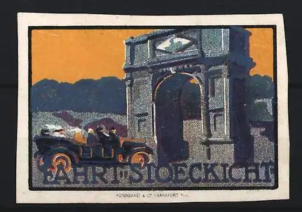 Reklamemarke Stoeckicht, Automobil vor Torbogen