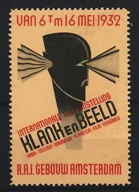 Reklamemarke Amsterdam, Internationale Tentoonstelling Klank en Beeld 1932, Profilkopf mit Wellenlinien