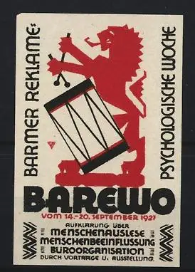 Reklamemarke Barmen, Barewo 1927, Psychologische Woche, Aufklärung über Menschenbeeinflussung