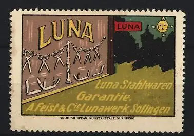 Reklamemarke Solingen, A. feist & Cie. Lunawerk, Luna-Stahlwaren Garantie
