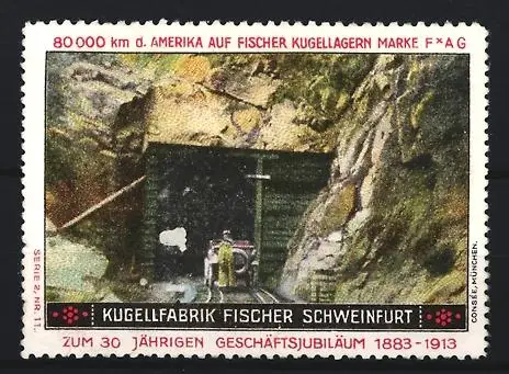 Reklamemarke Schweinfurt, Kugelfabrik Fischer, 30-jähriges Jubiläum 1883-1913, Bergarbeiterszene