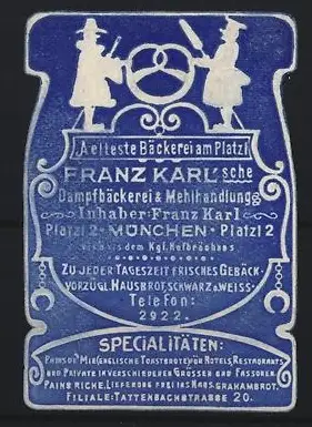 Reklamemarke München, Franz Karl, Aelteste Bäckerei am Platze, Brezel und Bäckerfiguren