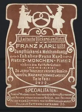Reklamemarke München, Franz Karl Bäckerei, Brezel und Bäcker
