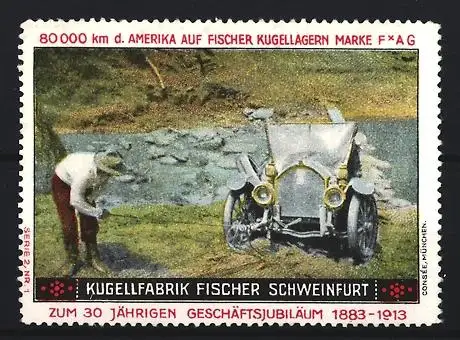 Reklamemarke Schweinfurt, Kugelfabrik Fischer, Auto am Fluss, 1913
