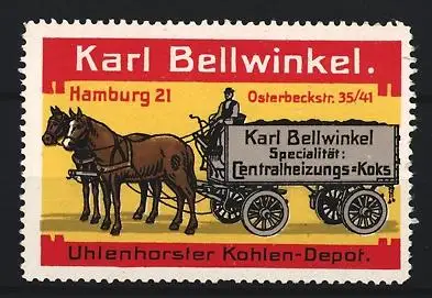 Reklamemarke Hamburg, Karl Bellwinkel, Zentralheizungs-Koks, Pferdewagen