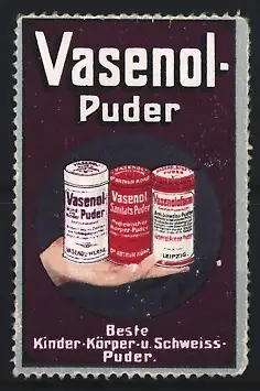 Reklamemarke Leipzig, Vasenol-Puder, Kinder-, Körper- u. Schweisspuder
