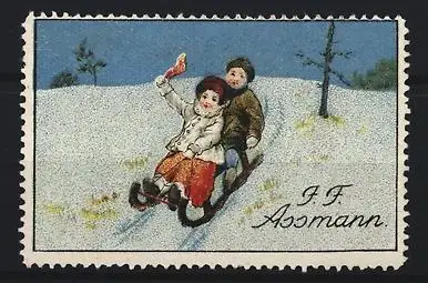Reklamemarke J. F. Assmann, Kinder auf Schlitten im Schnee