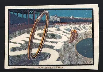 Reklamemarke Frankfurt, Stoeckicht, Fahrrad auf Rennstrecke