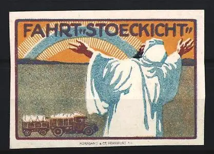Reklamemarke Stoeckicht, Figur mit erhobenen Armen und Lastwagen