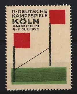 Reklamemarke Köln, II. Deutsche Kampfspiele, rote Fahnen auf grünem Feld